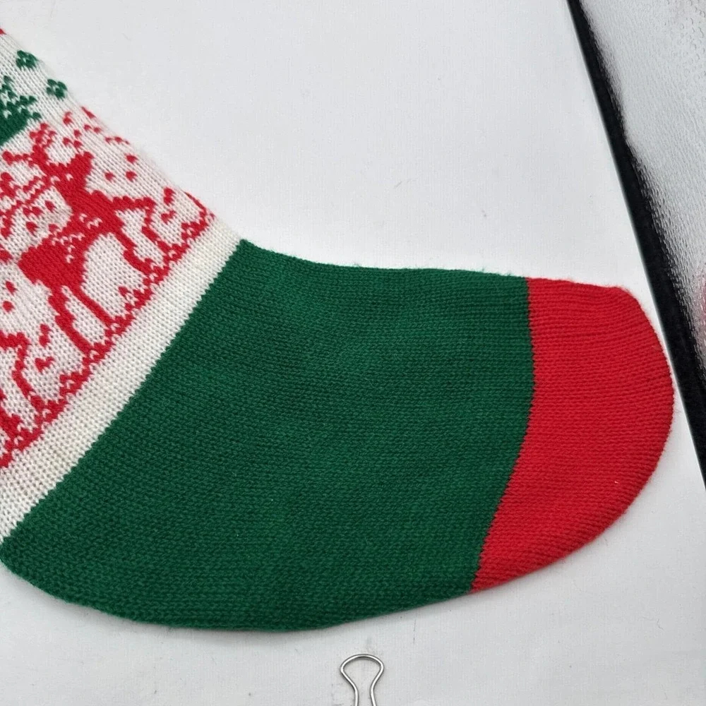 Vintage Long Knit Christmas Stocking Reindeer With Trees‎ Pom Pom 22